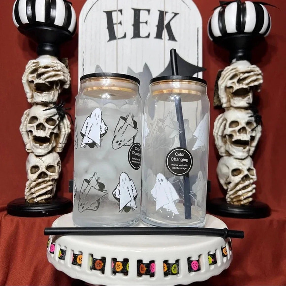 Other - HTF Cold Color Changing Halloween Glass White Ghost Tumblers With Straw x2